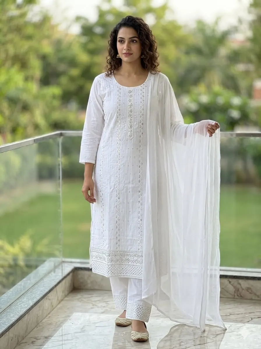 Chandni Pure White: Intricate Embroidered Straight Kurta Set with Sheer Dupatta