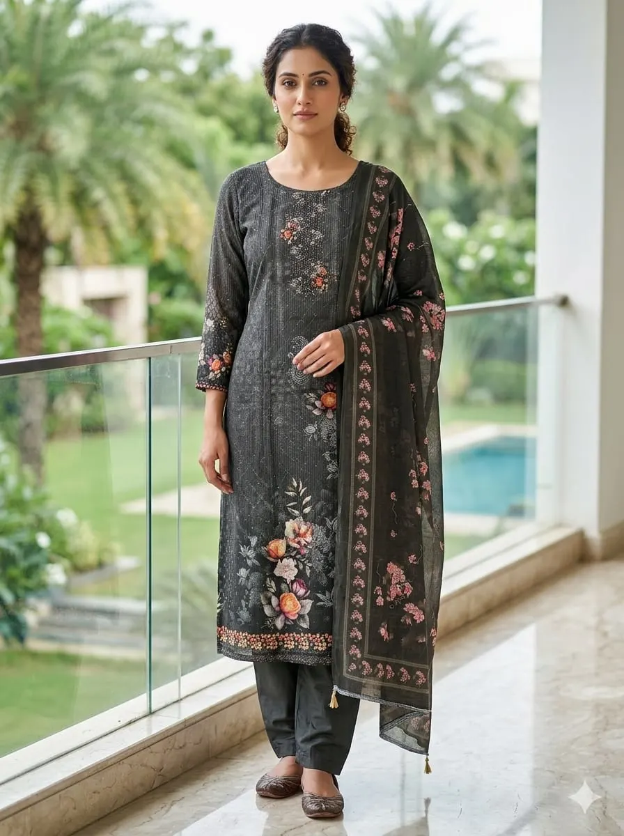 Dia Charcoal: Botanical Placement Print Straight Kurta Set with Framed Dupatta