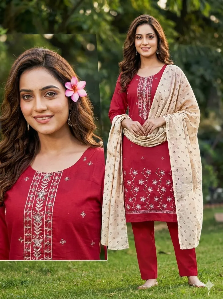 Riya Brick Red: Cotton Floral Embroidered Straight Kurta Set with Contrast Dupatta
