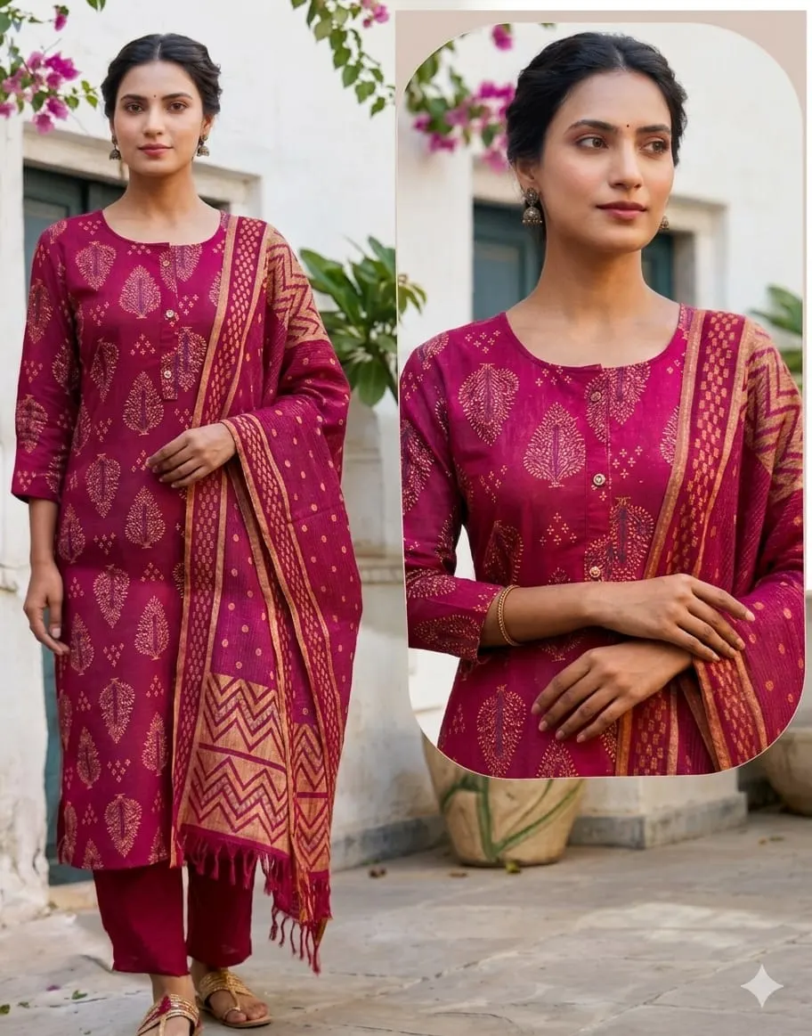 Mehak Magenta: Cotton Tree-Motif Print Straight Kurta Set with Zari Border Dupatta