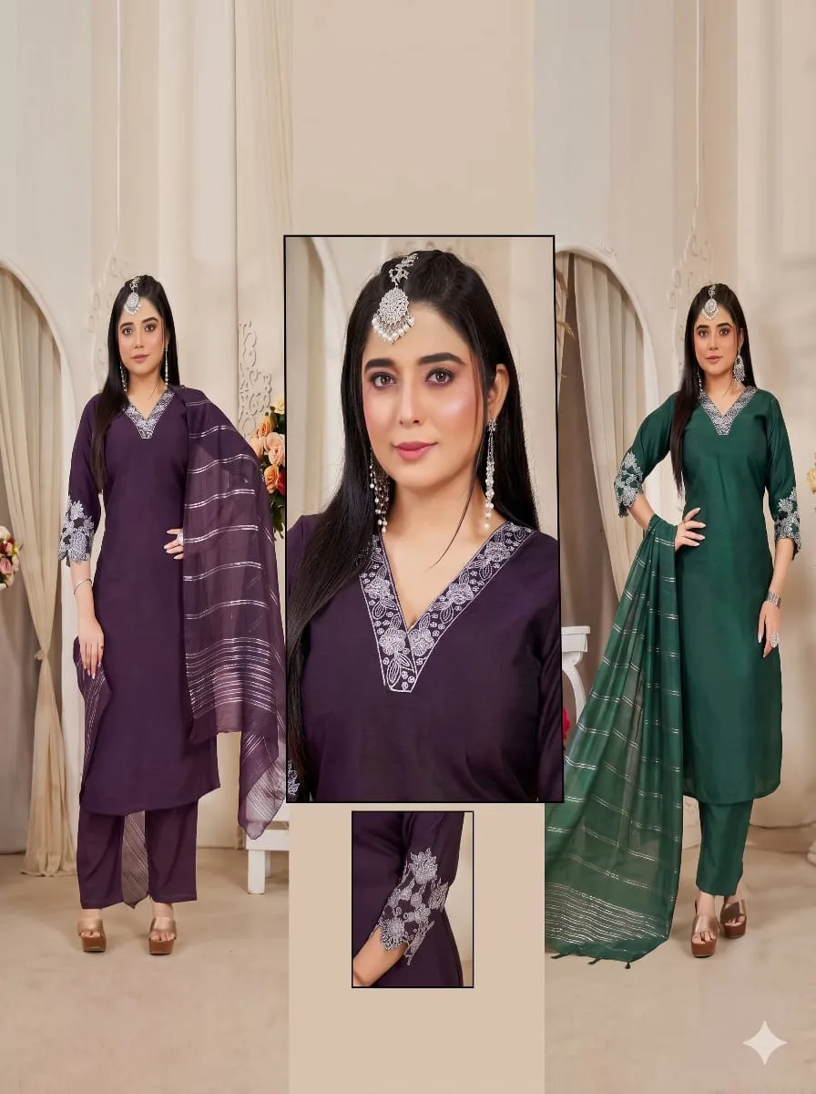 Siya Silk Luxury: Silver Embroidered V-Neck Straight Kurta Set with Zari Dupatta (Wine / Emerald Green)