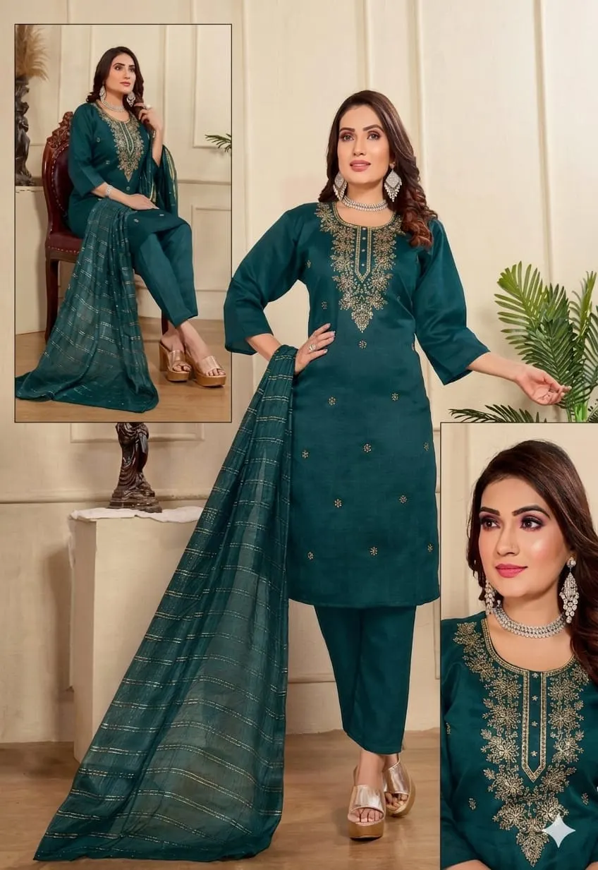 Kavya Deep Teal: Luxury Silk Zari Embroidered Straight Kurta Set with Striped Dupatta