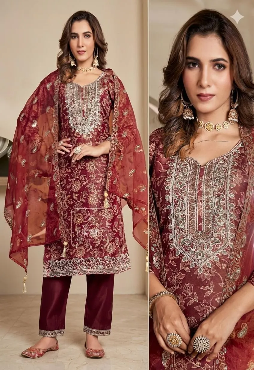 Zoya Maroon Luxury: All-Over Embroidered Organza Kurta Set with Zari Cutwork Dupatta