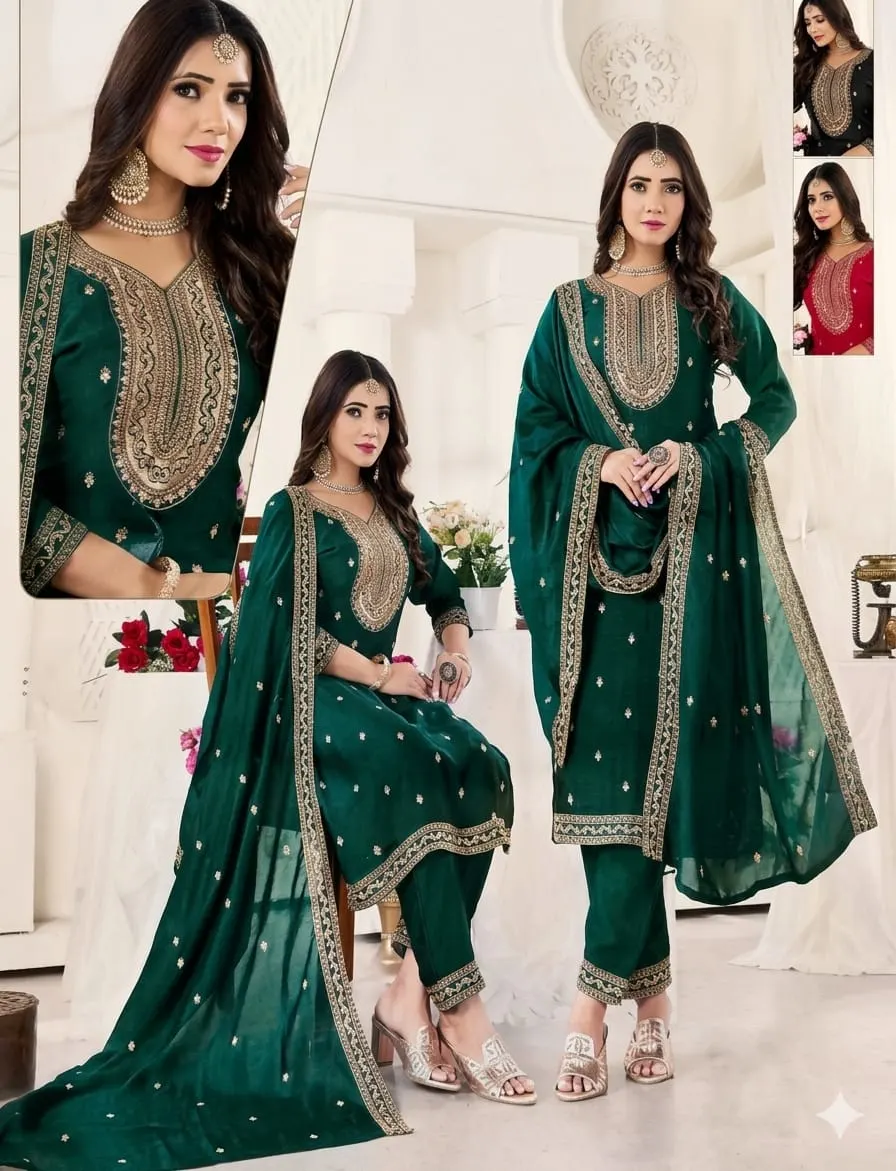 Meera Royal Silk: Heavy Zari Embroidered Yoke Kurta Set with Framed Dupatta (Emerald Green / Black / Red)