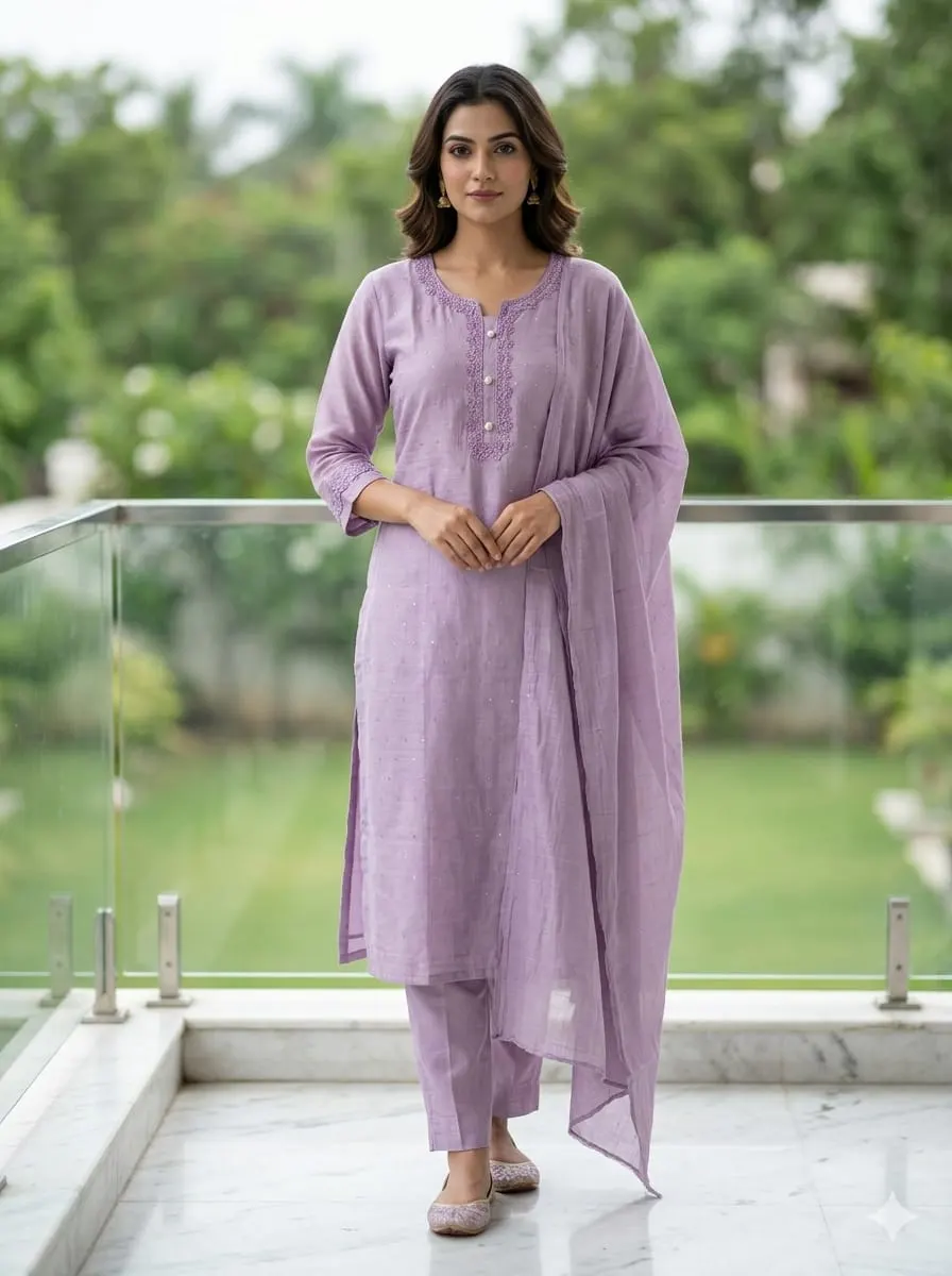 Ananya Lavender: Tone-on-Tone Embroidered Straight Kurta Set with Chanderi Dupatta