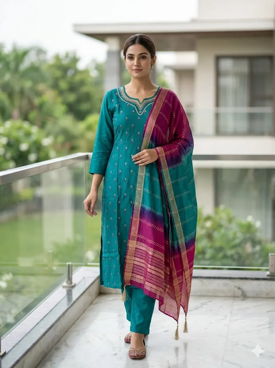Riddhi Teal: Embroidered Neck Silk Kurta Set with Contrast Tie-Dye Dupatta