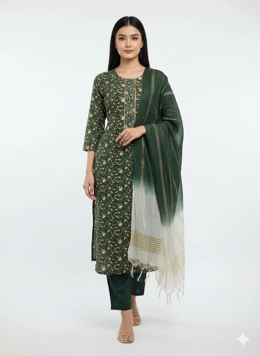 Women's Green Floral Embroidered Straight Cut Kurta Set with Dupatta - 3 Piece Cotton Salwar Kameez