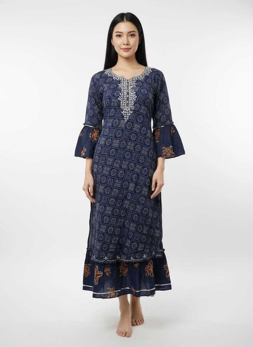 Navy Blue Embroidered Bell Sleeve Kurta with Floral Pattern - Traditional Indian Ethnic Dress for Women