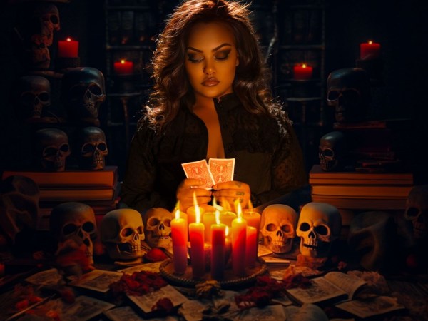 Fortune teller with skulls and candles — dark fantasy portrait
