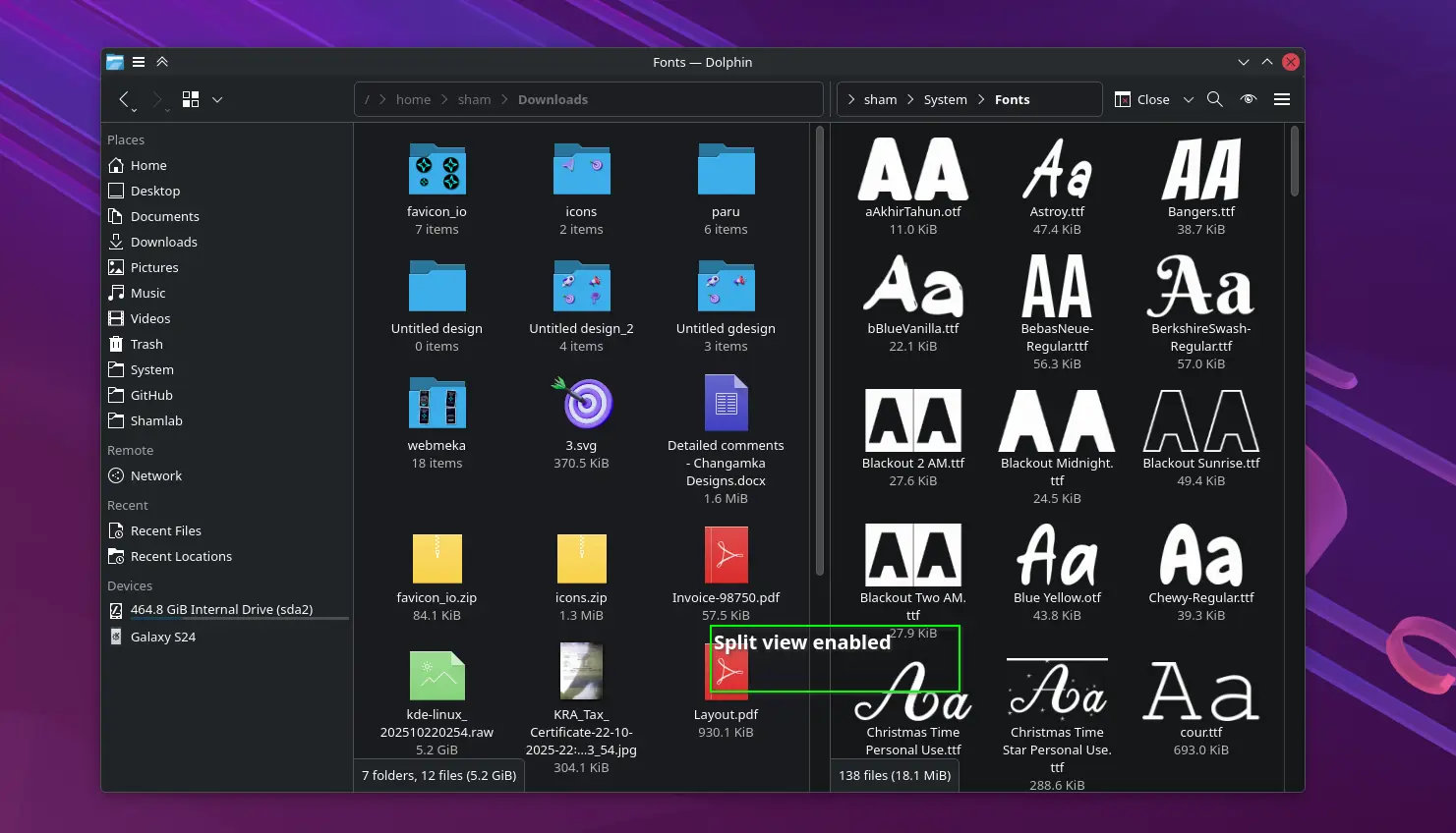 Screenshot: Dolphin split view