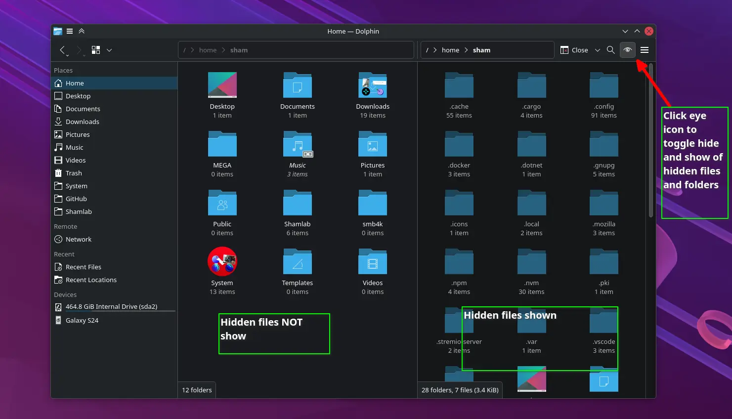 Screenshot: Dolphin toolbar with eye icon