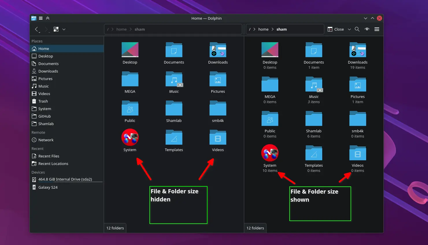 Screenshot: Dolphin showing file sizes under filenames
