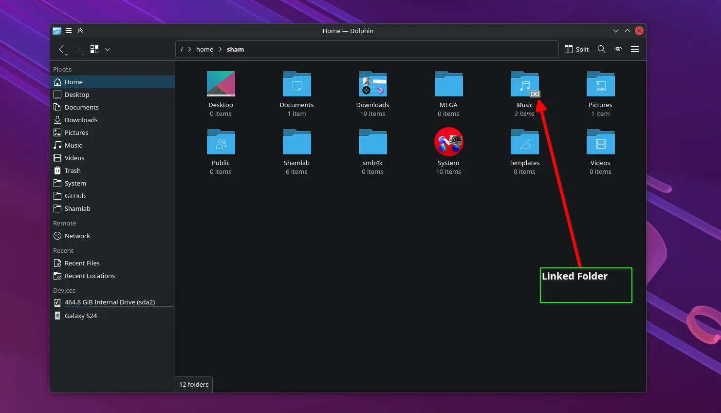 Screenshot: Dolphin showing linked folders