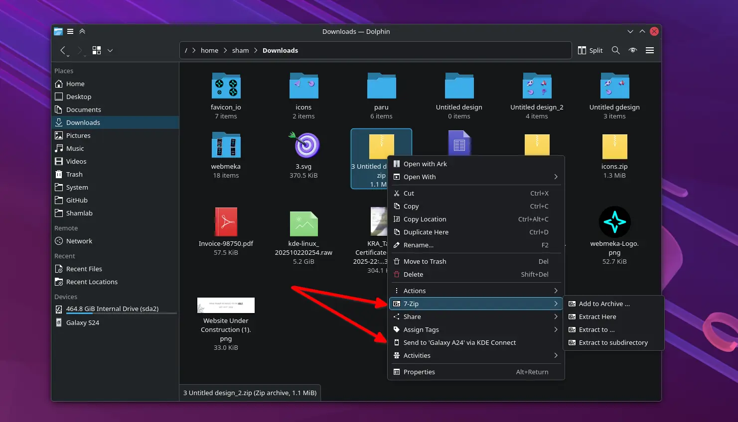 Dolphin context menu with 7-Zip and KDE Connect optionsDolphin context menu with 7-Zip and KDE Connect options Dolphin context menu with 7-Zip and KDE Connect options