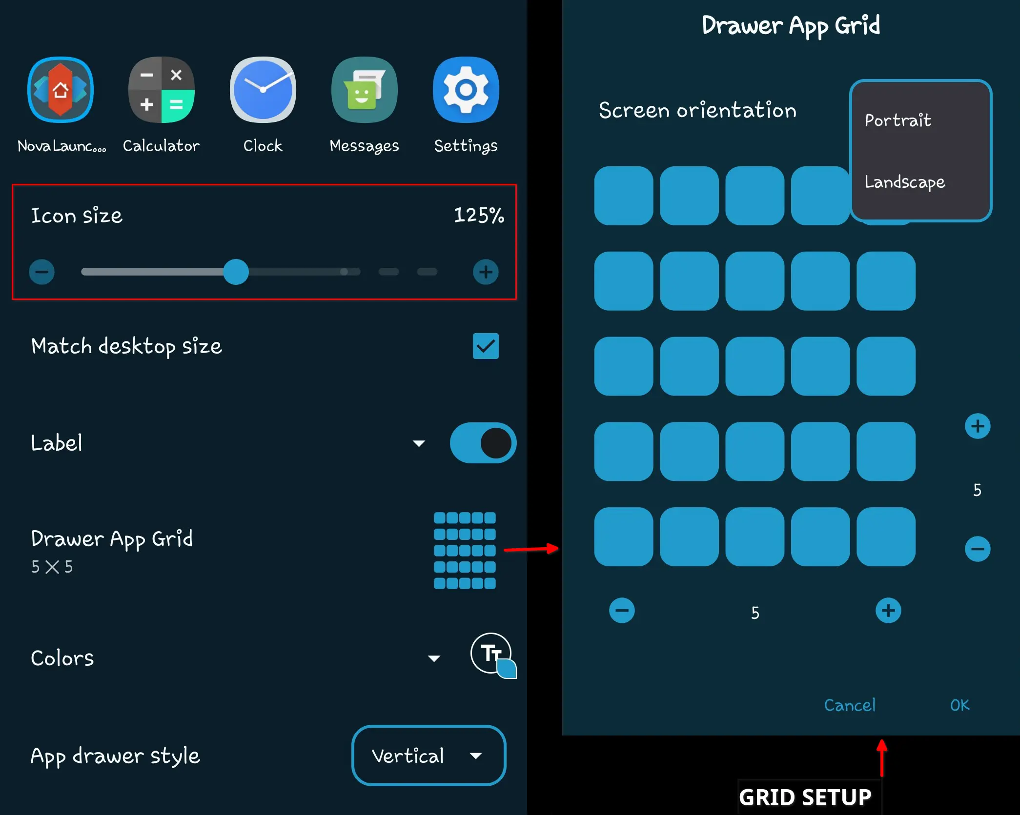 Nova Launcher grid setup screen with layout and icon customization options