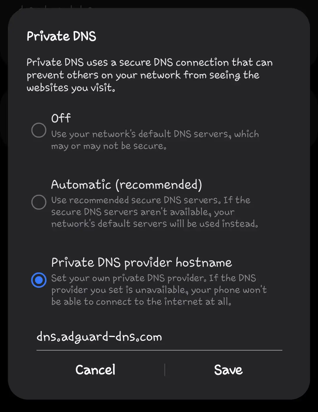 Private DNS settings screenshot