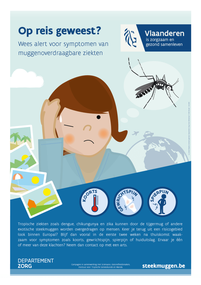 Affiche Op reis geweest? Wees alert voor symptomen van muggenoverdraagbare ziekten.