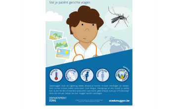 Affiche Denk ook aan muggenoverdraagbare ziekten. Stel je patiënt gerichte vragen.