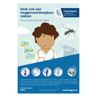 Affiche Denk ook aan muggenoverdraagbare ziekten. Stel je patiënt gerichte vragen.