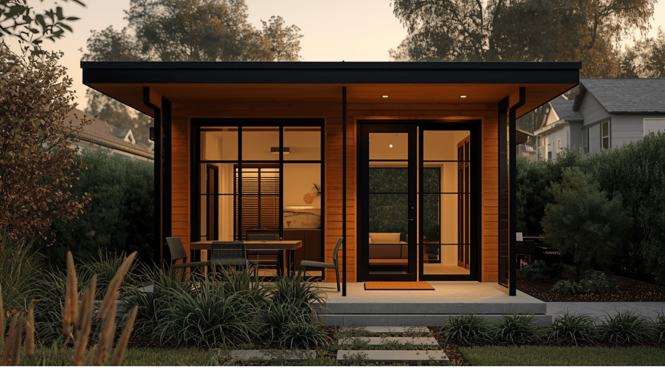 Modern detached ADU accessory dwelling unit exterior with landscaping in Sacramento California