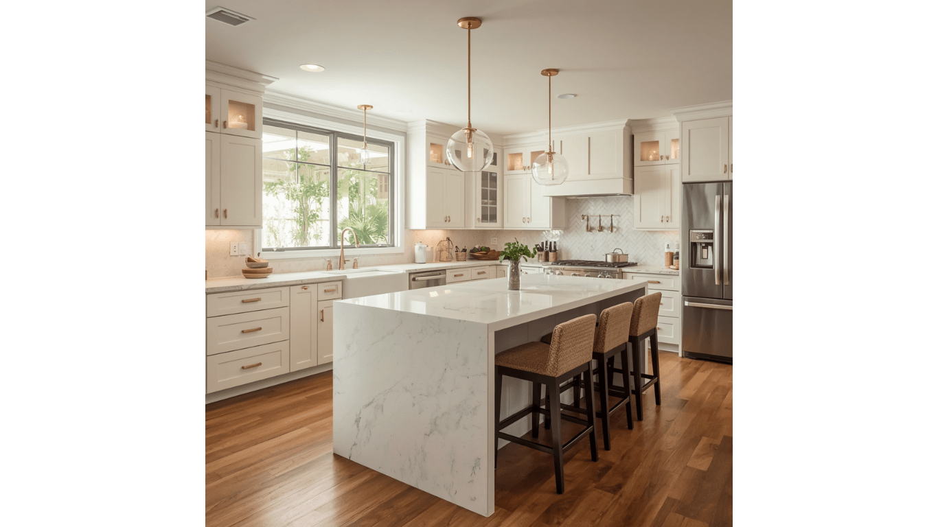 Custom kitchen remodel with white cabinets, quartz countertops and stainless appliances in Roseville CA