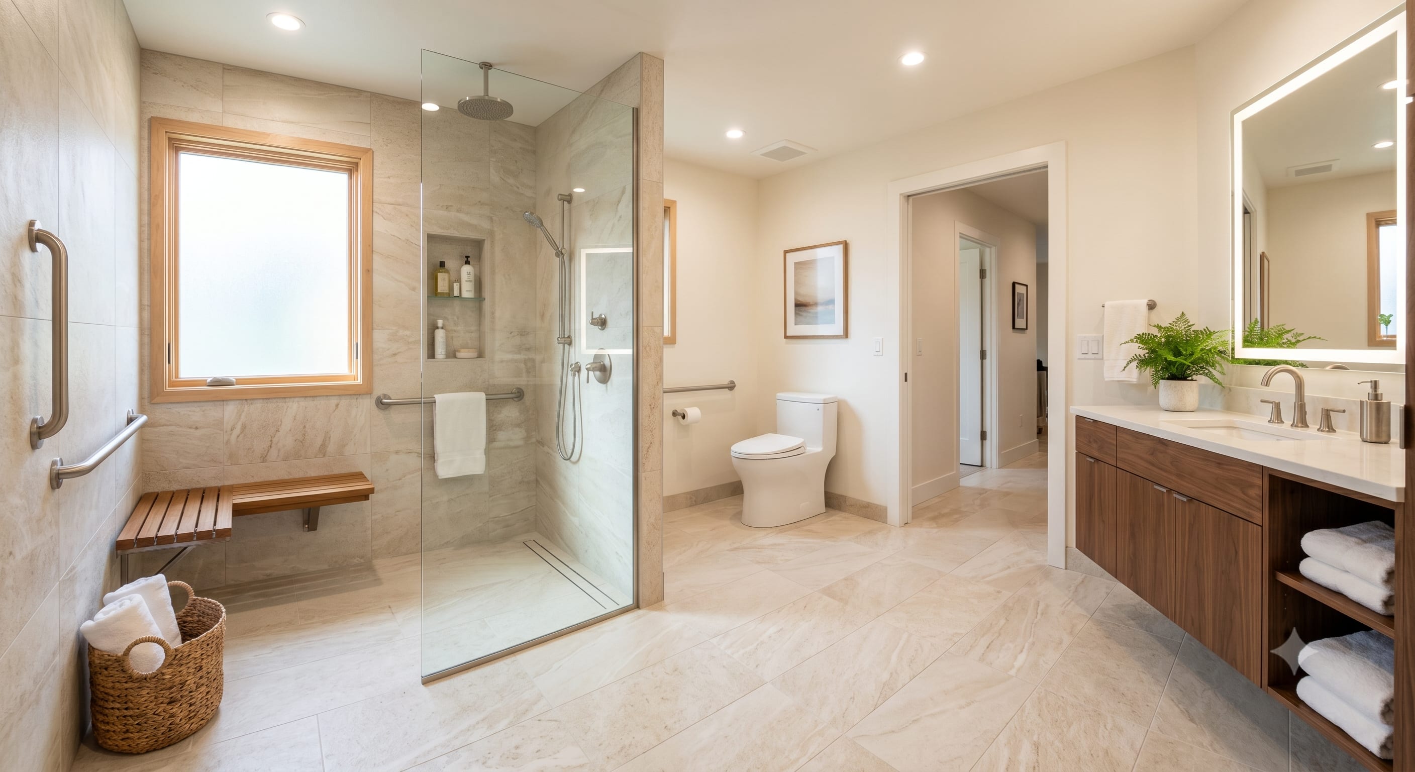 Accessible age-in-place bathroom with curbless walk-in shower, grab bars and comfort-height fixtures in Roseville CA