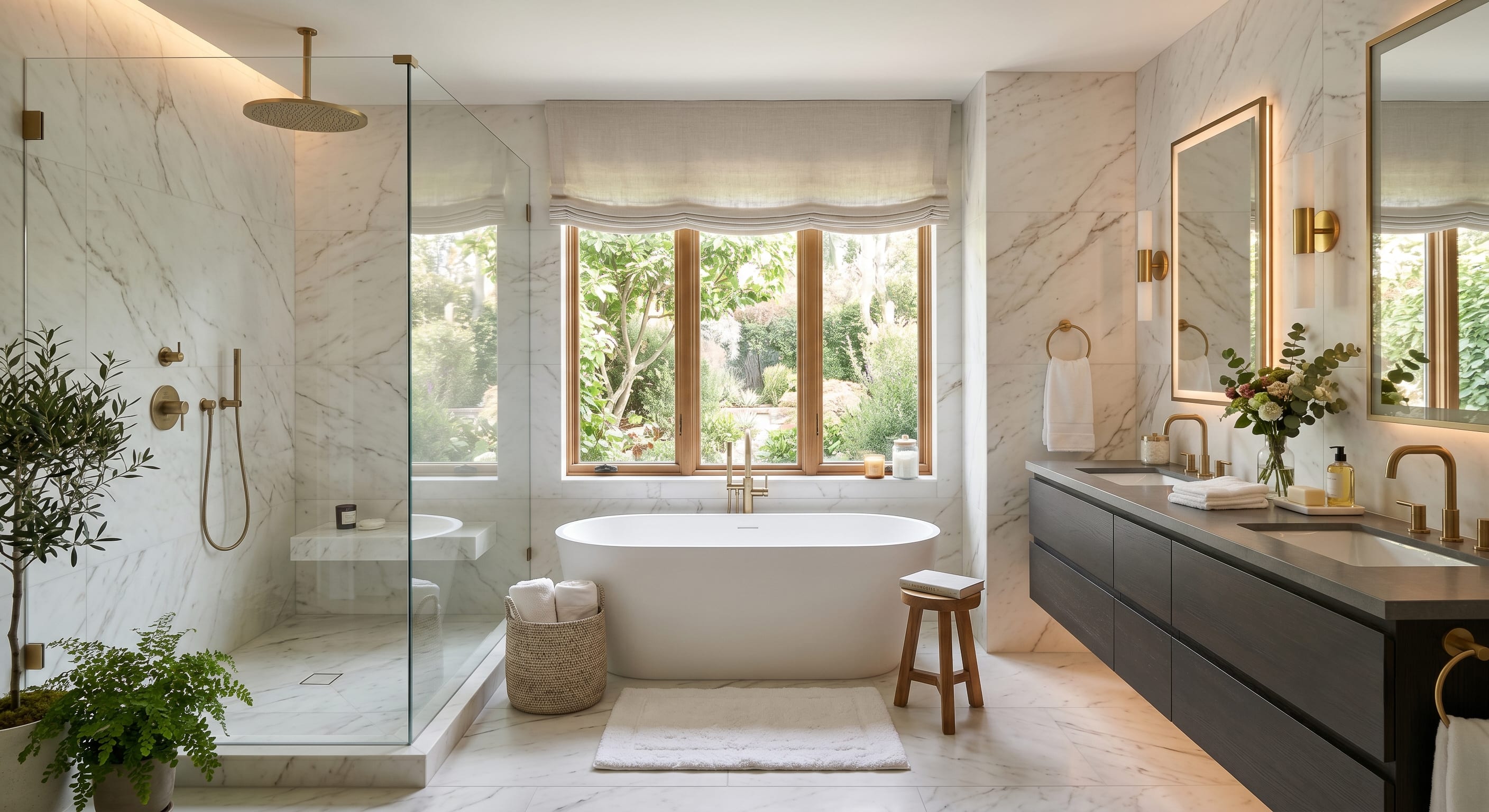 Spa-inspired bathroom remodel with walk-in tile shower, freestanding tub and custom vanity in Roseville CA