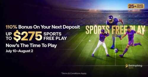 BetAnything — 110% bonus on your next deposit, up to $275 sports free play