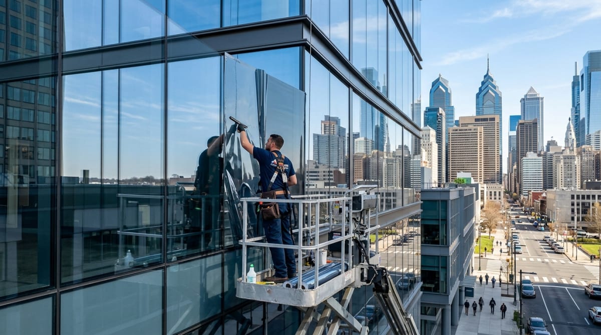 Commercial window film solar control installation Philadelphia Center City office building