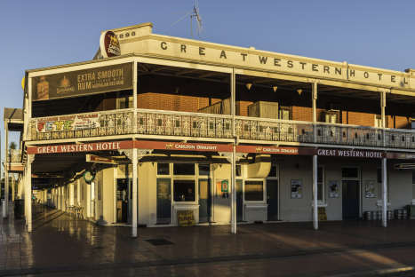 Chardy, Champers & Plonk: Australian Pubs & Breweries On The Trans-Oceania Cycling Tour Cobar, Great Western Hotel, Australia. Late golden light.