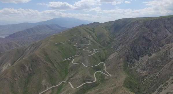 From high up the Silk Route dronw caputres the entire climb in Kyrgyzstan