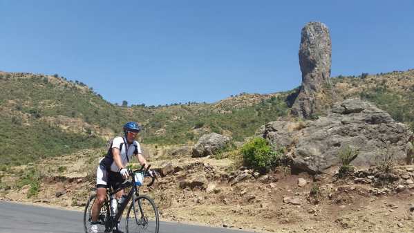 Marek rides past rock formation S of Gondar