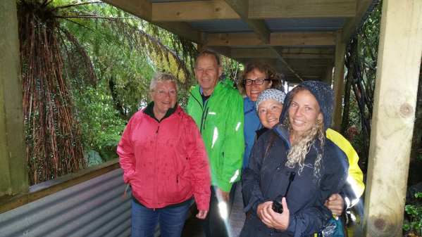 Walli, Juergen, Brigitte, Francine and Emily making their way to a salmon cafe