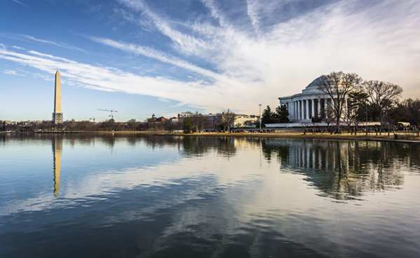 The Washington Monument and Thomas Jefferson Memorial reflecting in the Tidal Basin, Washington, DC.