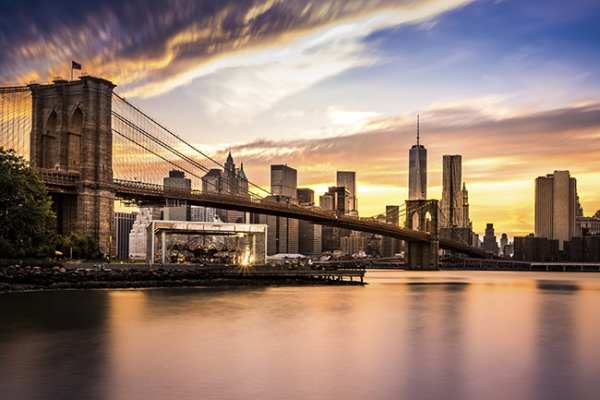 Brooklyn Bridge at sunset viewed from Brooklyn Bridge park