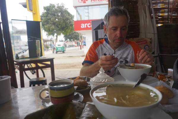 Peter warms up with some classic Peruvian soup in the tiny town of Guadalupe