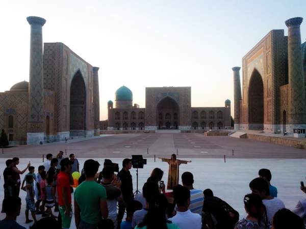 Registan madrassa and a music video being made