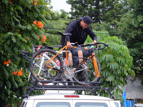 Bikes are loaded to the van for the transit away from Hurricane Patricia