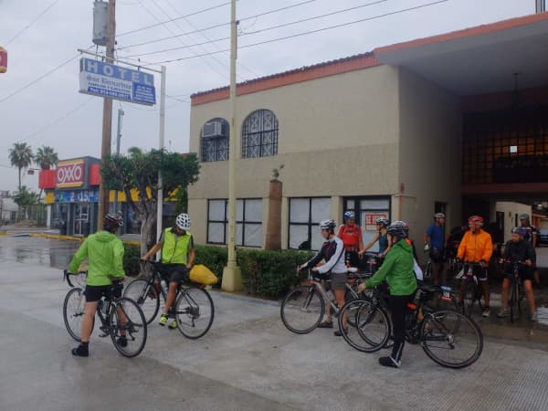 Riders depart the hotel in a rainy La Paz for the ferry to Mazatlan