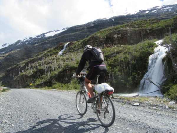 Bob rides at the base of countless waterfalls and massive glaciers