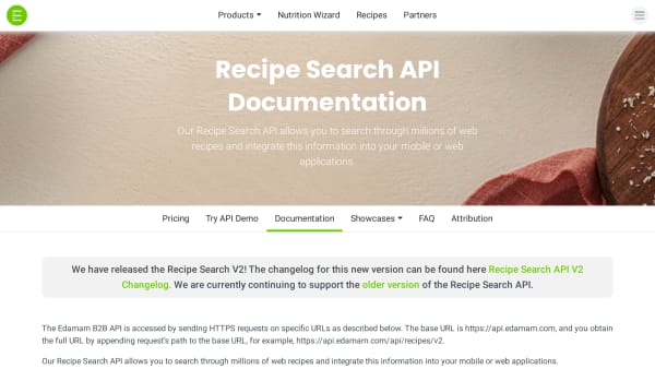 Edamam recipes's website screenshot