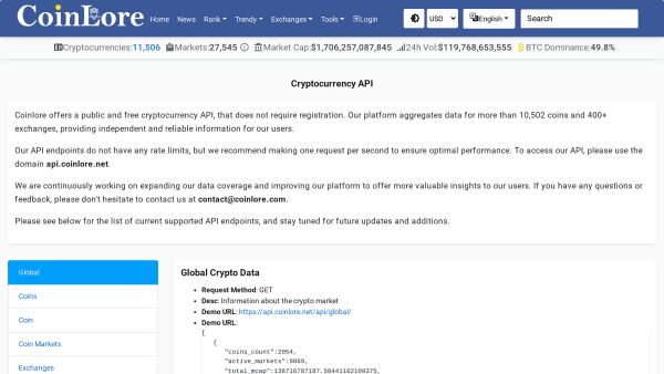 Coinlore's website screenshot