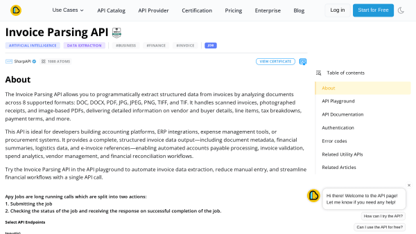 Invoice Parsing API's website screenshot