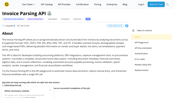 Invoice Parsing API's website screenshot