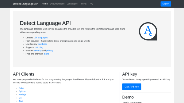 Detect Language's website screenshot
