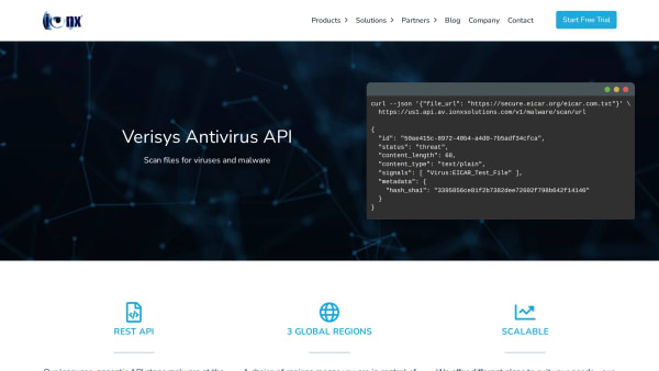 Verisys Antivirus API's website screenshot