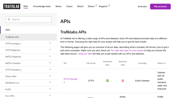 Transport for Sweden's website screenshot