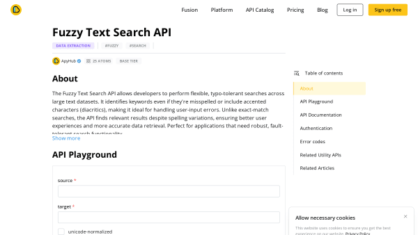 Fuzzy Text Search API's website screenshot