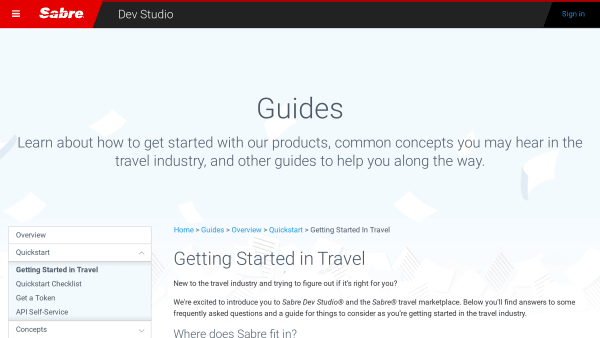 Sabre for Developers's website screenshot