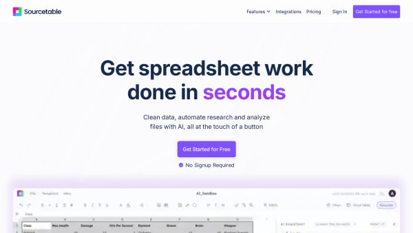 Sourcetable's website screenshot